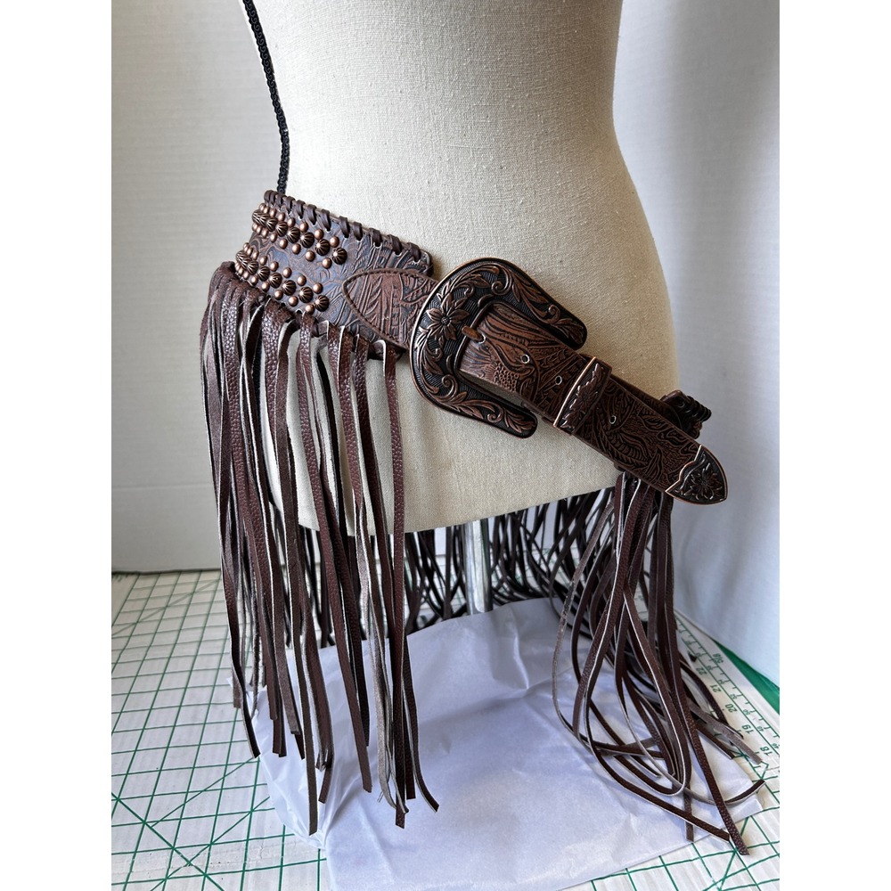 Stockyards Large Western Fringe Studded Leather Belt Brown Boho Cowgirl Floral